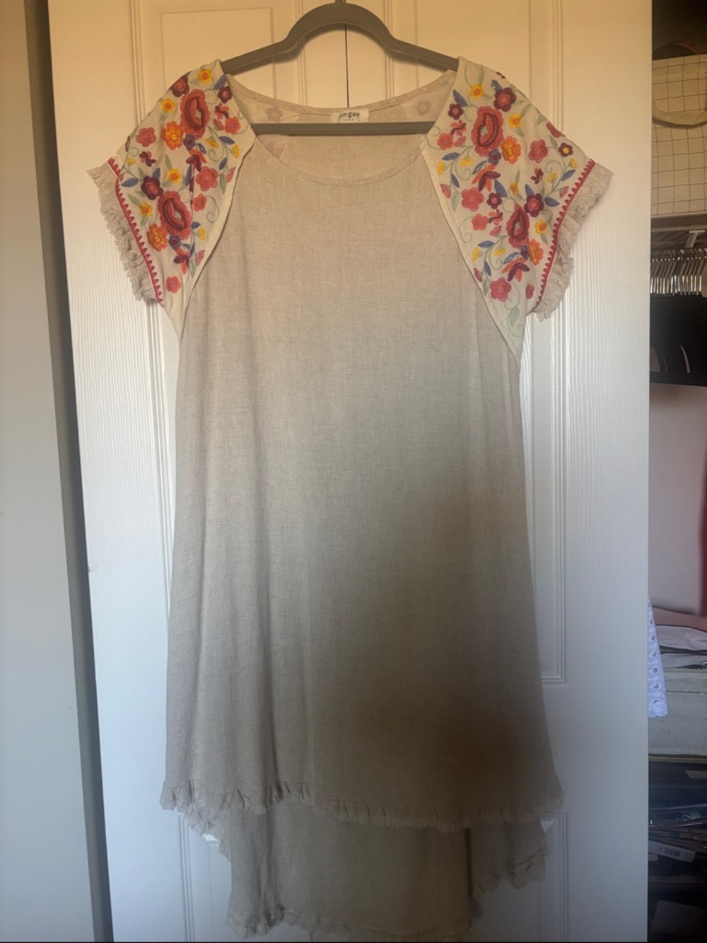 Umgee Cream Asymmetrical Dress with Floral Embroidered Sleeves